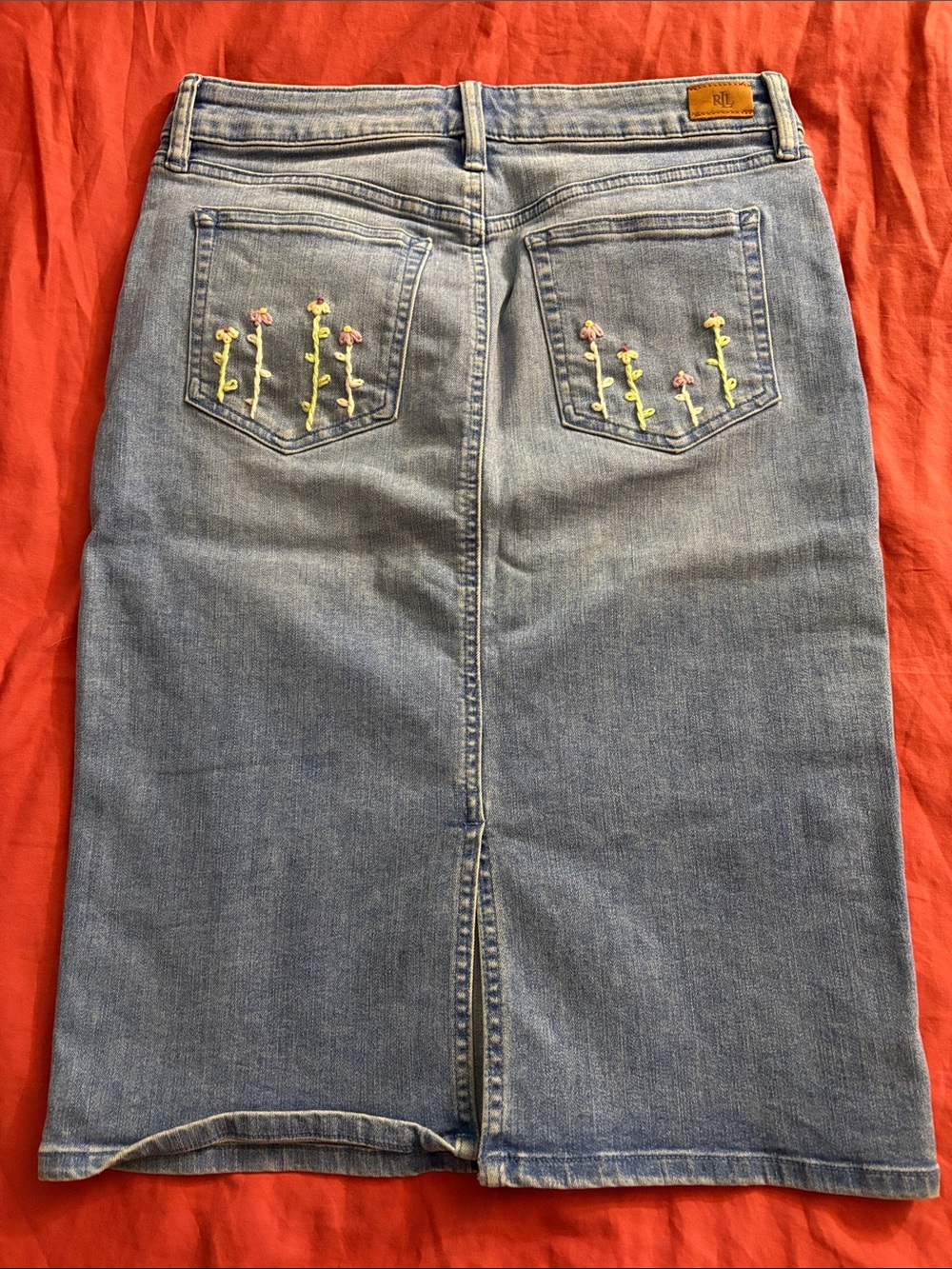 Y2K Ralph Lauren Light Blue Denim Pencil Skirt with Floral Embroidered Pockets